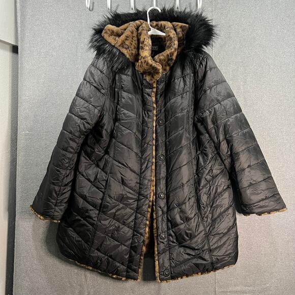 Dennis Basso Reversible Faux Fur to Water Resistant Coat Size L Cheetah Black - Picture 1 of 16